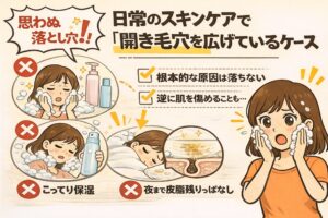 日常のスキンケアの中で、知らないうちに開き毛穴を広げてしまっているケースを解説するイラスト。過度な洗顔やこってりした保湿、皮脂を残したまま就寝する様子がNG例として描かれ、「根本的な原因は落とせない」「逆に肌を傷めることもある」という注意点が示されている。右側では泡で顔を洗い戸惑う女性が描かれ、日常習慣の積み重ねが毛穴状態に影響することを視覚的に伝えている。