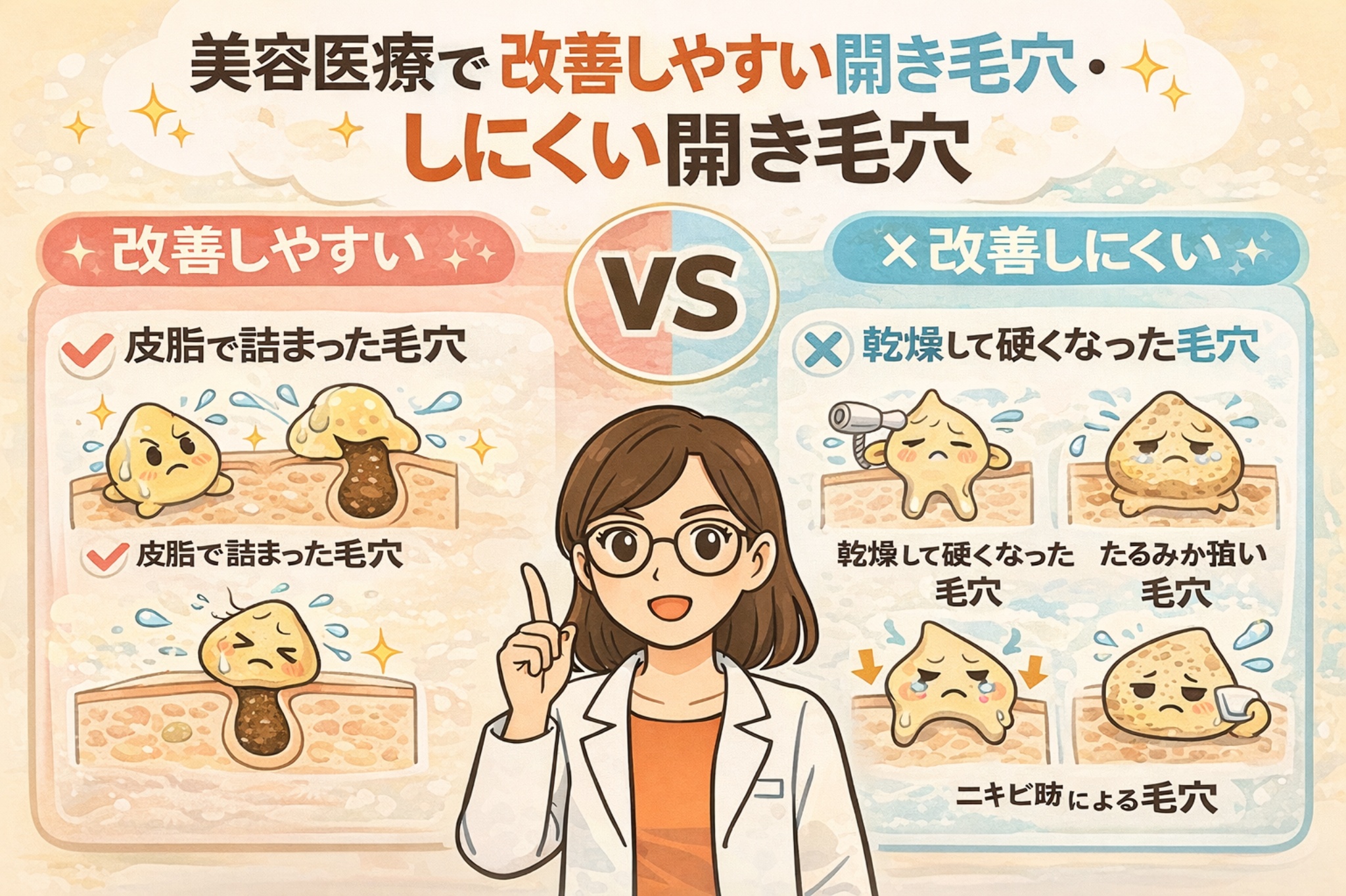 美容医療で改善しやすい開き毛穴と、改善しにくい開き毛穴を比較解説したイラスト。左側には皮脂で詰まった毛穴など、比較的医療施術で改善しやすいタイプが描かれ、右側には乾燥で硬くなった毛穴や、たるみ・ニキビ跡による毛穴など、改善が難しいタイプが示されている。中央には白衣と眼鏡の女性が指差しで説明し、毛穴のタイプによって美容医療の効果に差が出ることを視覚的にわかりやすく伝えている。