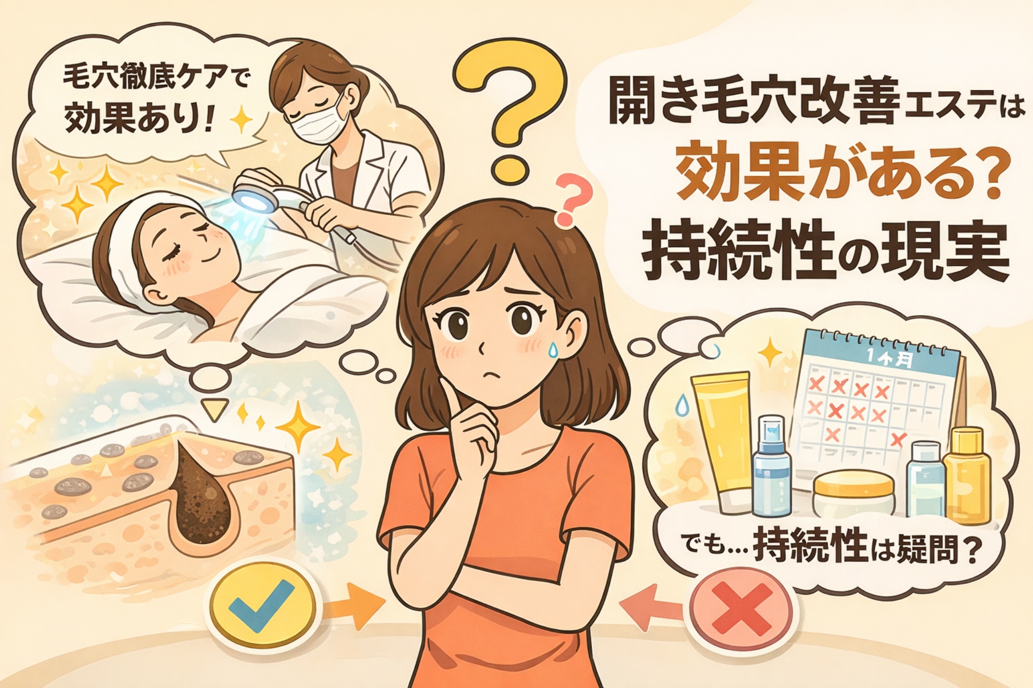 開き毛穴改善におけるエステの効果と持続性の現実を解説するイラスト。エステ施術で一時的に毛穴がきれいに見える様子と、日常ケアを続けないと効果が持続しにくい現実が対比して描かれている。毛穴断面図のビフォーアフター、カレンダーやスキンケア用品のイメージを通して、エステは即効性はあるが継続性には課題があることを視覚的に伝えている。