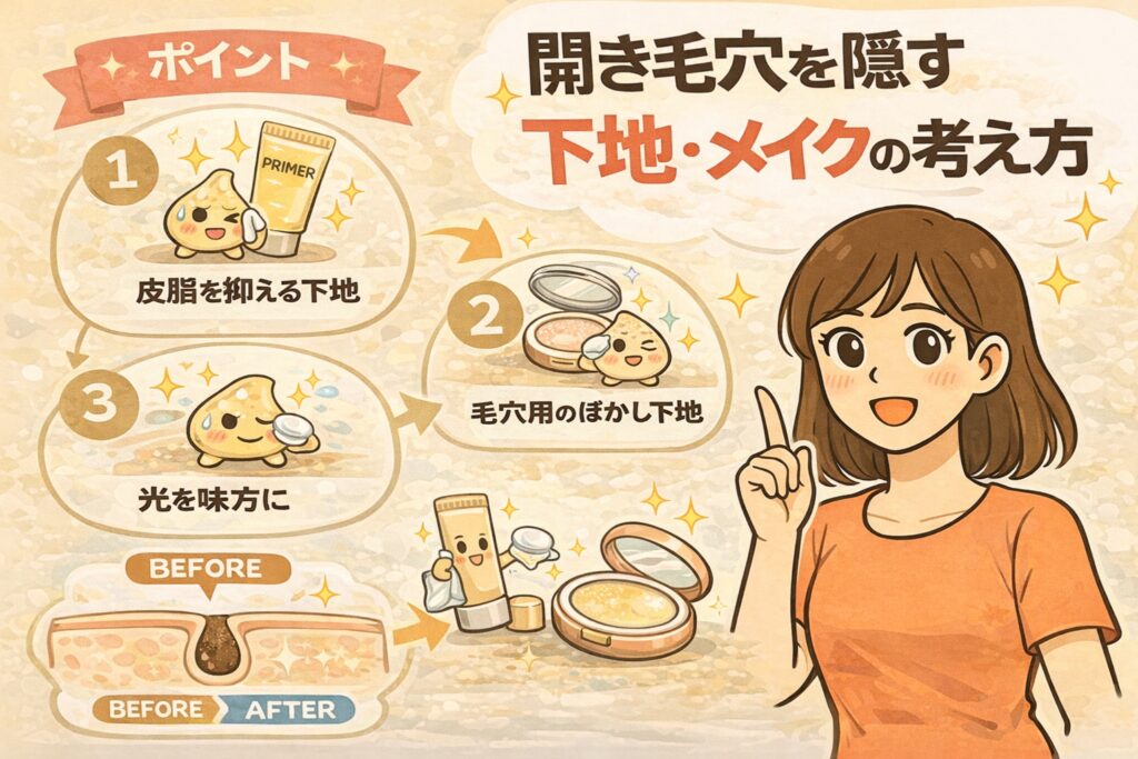 開き毛穴を目立たせずに隠すための下地・メイクの考え方を解説するイラスト。皮脂を抑える下地、毛穴用のぼかし下地、光を味方にする仕上げという3つのポイントが番号付きで示されている。下部には毛穴のビフォーアフター図と、下地やパウダーを使って自然に毛穴をぼかすイメージが描かれ、開き毛穴は埋めるのではなく、光と質感で目立たなくするというメイクの基本を視覚的に伝えている。