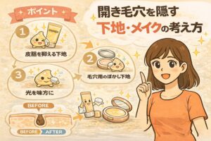 開き毛穴を目立たせずに隠すための下地・メイクの考え方を解説するイラスト。皮脂を抑える下地、毛穴用のぼかし下地、光を味方にする仕上げという3つのポイントが番号付きで示されている。下部には毛穴のビフォーアフター図と、下地やパウダーを使って自然に毛穴をぼかすイメージが描かれ、開き毛穴は埋めるのではなく、光と質感で目立たなくするというメイクの基本を視覚的に伝えている。