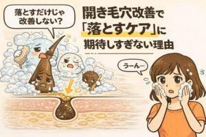 開き毛穴改善において「落とすケア」に期待しすぎない理由を解説するイラスト。泡で角栓や汚れを落とそうとする様子が描かれている一方、毛穴の奥には詰まりが残り、洗うだけでは毛穴構造は変わらないことが示されている。右側では洗顔中の女性が戸惑った表情をしており、開き毛穴は汚れを落とすだけでは改善しにくいという考え方を視覚的に伝えている。