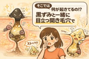 黒ずみと一緒に目立つ開き毛穴の中で何が起きているのかを解説するイラスト。酸化して黒くなった角栓が毛穴の中に詰まり、皮脂や汚れ、炎症が重なって毛穴が押し広げられている様子が、毛穴断面と拡大図で描かれている。鼻を気にする女性と、詰まりや流れが止まった状態を擬人化キャラクターで表現し、黒ずみと開き毛穴が同時に目立つ構造的な理由を視覚的に伝えている。
