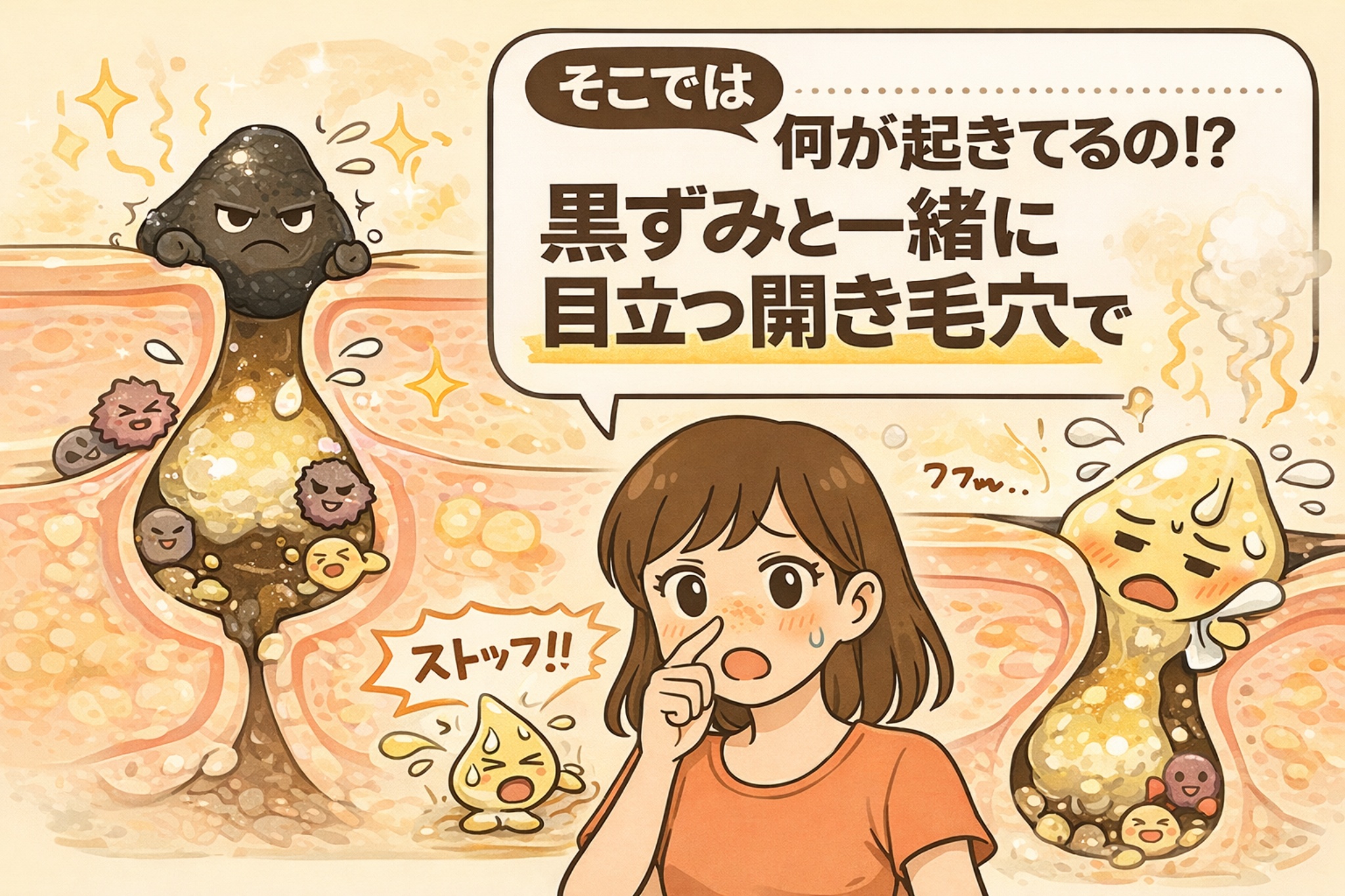 黒ずみと一緒に目立つ開き毛穴の中で何が起きているのかを解説するイラスト。酸化して黒くなった角栓が毛穴の中に詰まり、皮脂や汚れ、炎症が重なって毛穴が押し広げられている様子が、毛穴断面と拡大図で描かれている。鼻を気にする女性と、詰まりや流れが止まった状態を擬人化キャラクターで表現し、黒ずみと開き毛穴が同時に目立つ構造的な理由を視覚的に伝えている。