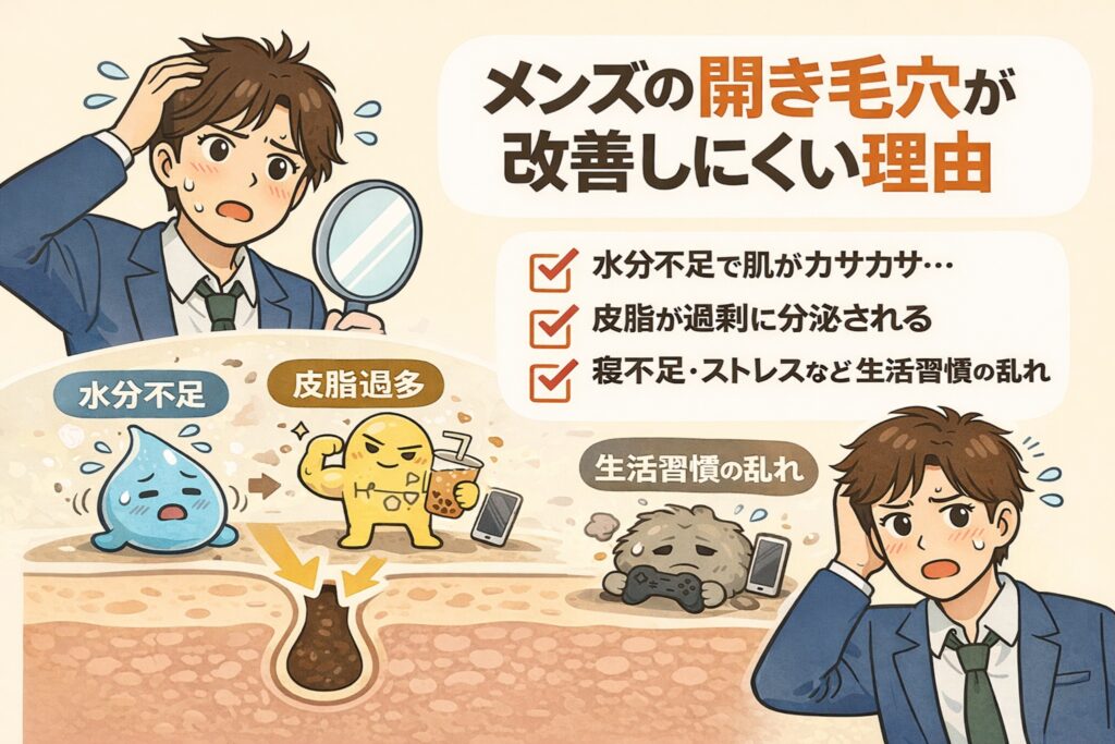 メンズの開き毛穴が改善しにくい理由を解説するイラスト。鏡を見て毛穴を気にする男性とともに、「水分不足による肌の乾燥」「皮脂の過剰分泌」「寝不足やストレスなど生活習慣の乱れ」といった要因がチェックリストで示されている。下部には水分不足・皮脂過多・生活習慣の乱れを擬人化したキャラクターと毛穴断面図が描かれ、複数の要因が重なってメンズの開き毛穴が改善しにくくなる構造を視覚的に伝えている。
