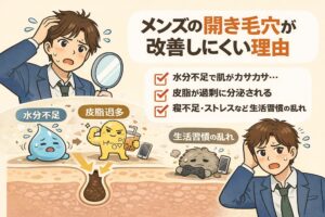 メンズの開き毛穴が改善しにくい理由を解説するイラスト。鏡を見て毛穴を気にする男性とともに、「水分不足による肌の乾燥」「皮脂の過剰分泌」「寝不足やストレスなど生活習慣の乱れ」といった要因がチェックリストで示されている。下部には水分不足・皮脂過多・生活習慣の乱れを擬人化したキャラクターと毛穴断面図が描かれ、複数の要因が重なってメンズの開き毛穴が改善しにくくなる構造を視覚的に伝えている。