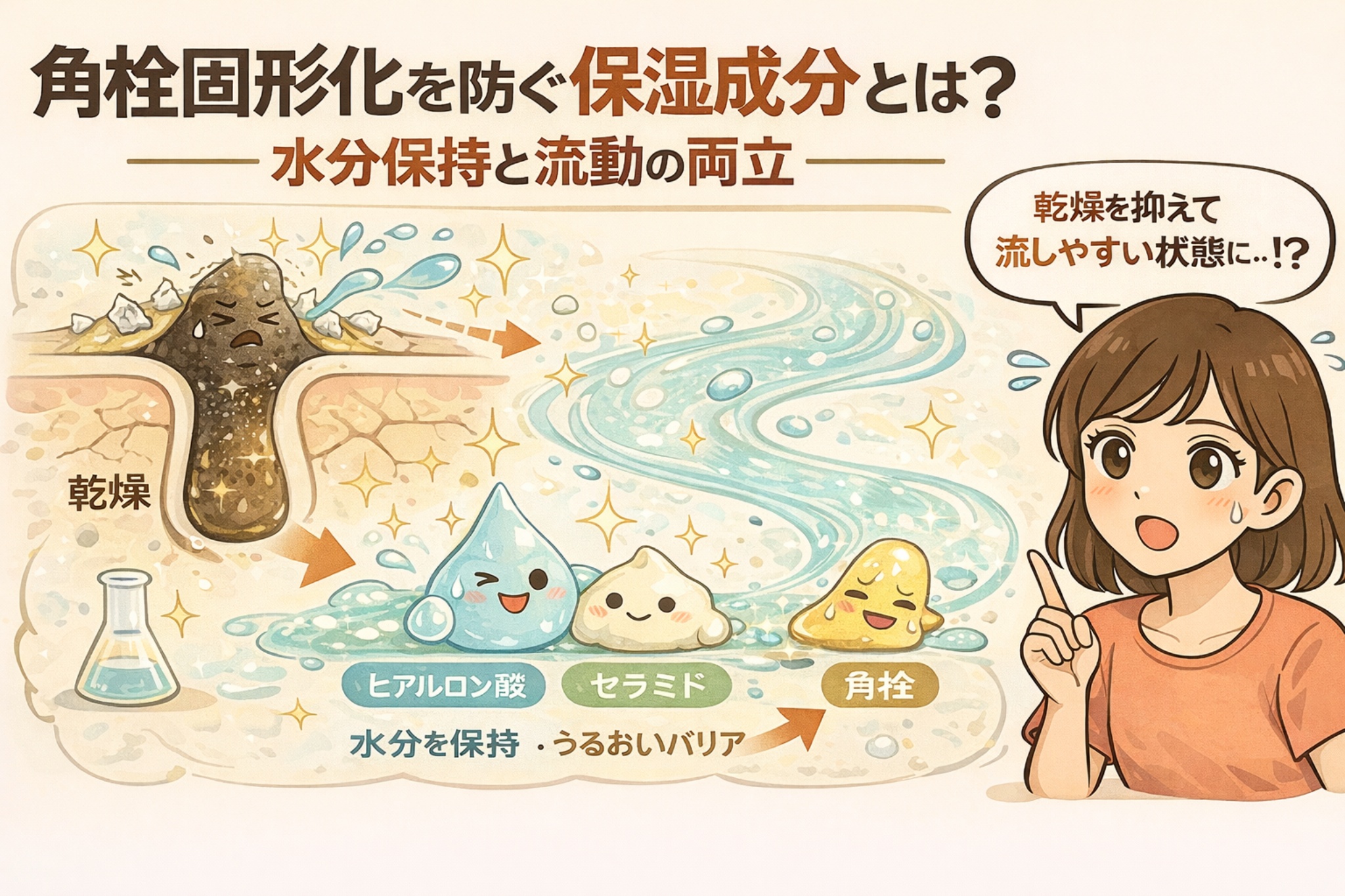 角栓の固形化を防ぐ保湿成分の役割を解説するイラスト。左では乾燥によって角栓が硬くなり流れにくくなる様子が描かれ、中央では水分の流れが生まれて角栓が動きやすくなる変化が示されている。下部にはヒアルロン酸、セラミド、角栓のキャラクターが並び、水分保持とうるおいバリアによって角栓が固まらず流動性を保つ仕組みを表現。右側では女性が「乾燥を抑えて流しやすい状態に？」と理解を深める構図。