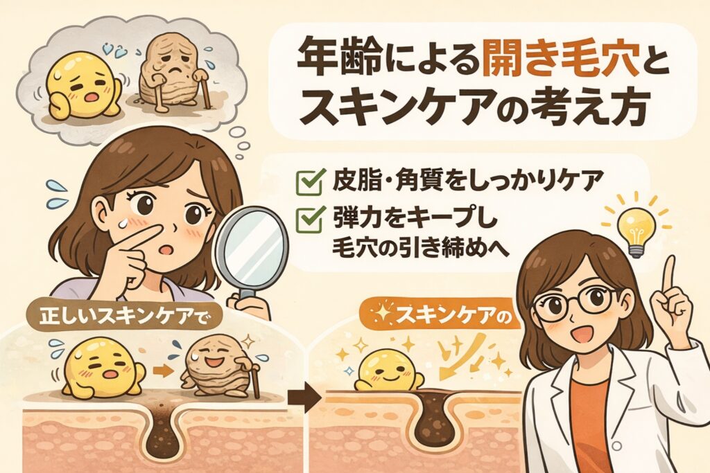年齢による開き毛穴とスキンケアの考え方を解説するイラスト。鏡を見て毛穴を気にする女性と、皮脂や弾力低下を擬人化したキャラクターが描かれ、年齢とともに毛穴状態が変化する様子が示されている。右側では白衣と眼鏡の女性がポイントを解説し、「皮脂・角質をしっかりケアする」「弾力をキープして毛穴を引き締める」といった年齢に合わせたスキンケアの考え方を、毛穴断面図のビフォーアフターとともに視覚的に伝えている。