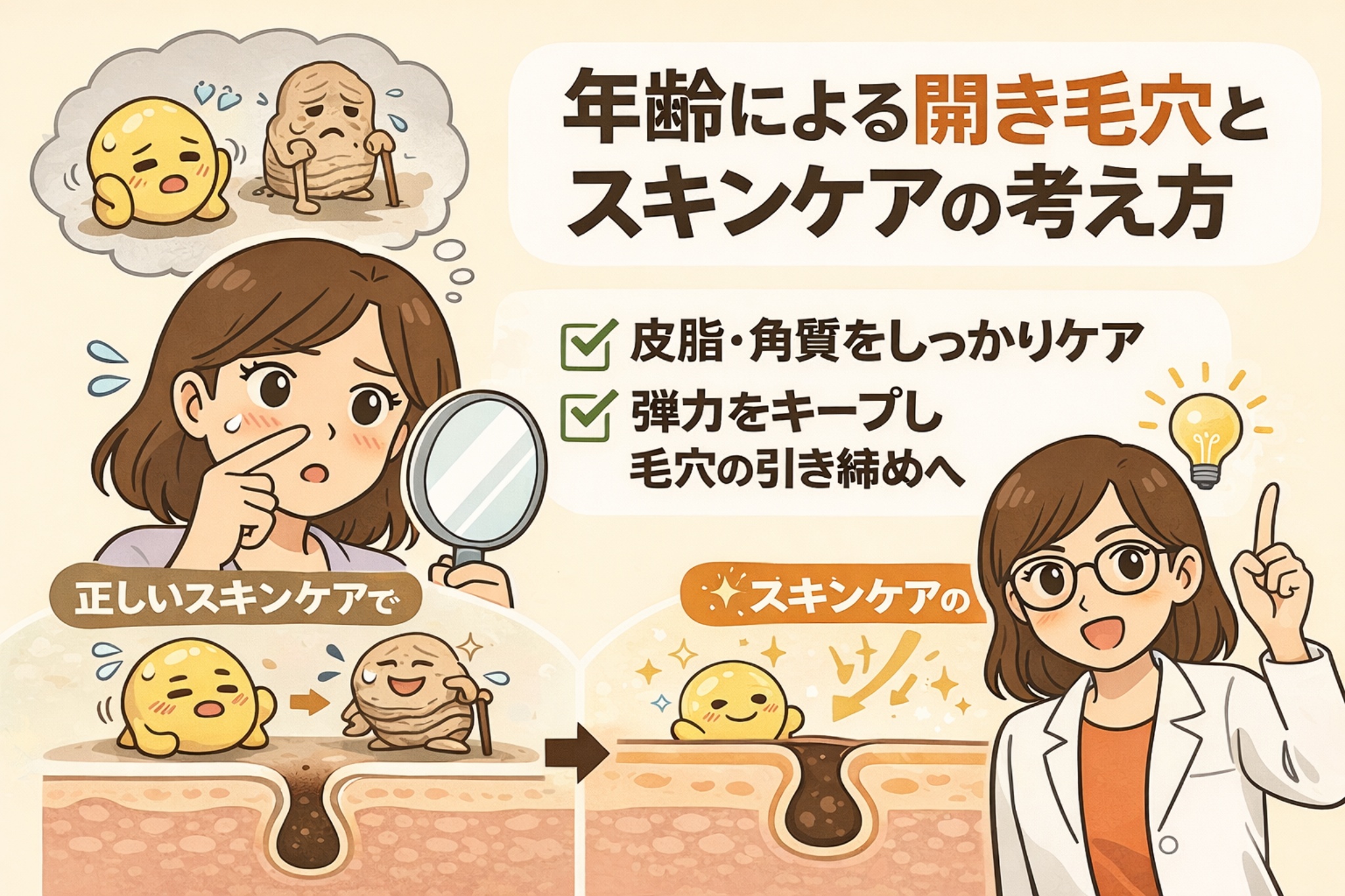 年齢による開き毛穴とスキンケアの考え方を解説するイラスト。鏡を見て毛穴を気にする女性と、皮脂や弾力低下を擬人化したキャラクターが描かれ、年齢とともに毛穴状態が変化する様子が示されている。右側では白衣と眼鏡の女性がポイントを解説し、「皮脂・角質をしっかりケアする」「弾力をキープして毛穴を引き締める」といった年齢に合わせたスキンケアの考え方を、毛穴断面図のビフォーアフターとともに視覚的に伝えている。