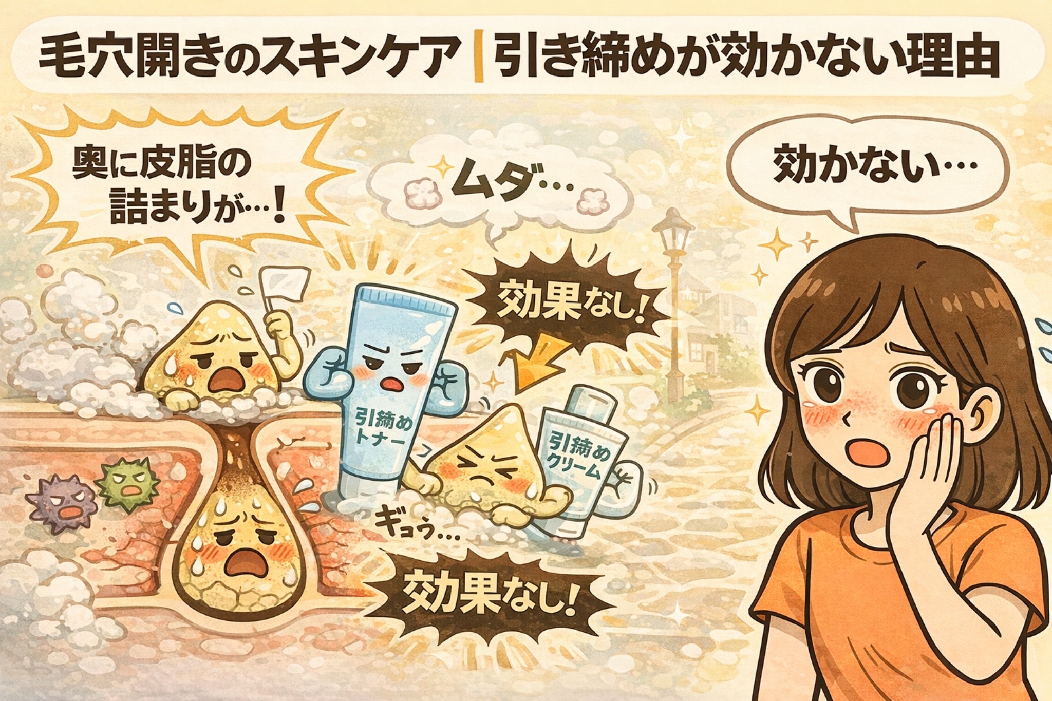 毛穴開きのスキンケアで引き締めが効かない理由を解説するイラスト。毛穴の奥に皮脂詰まりが残っている状態では、引き締め化粧水や引き締めクリームを使っても効果が出にくい様子を、毛穴断面図と擬人化キャラクターで表現している。右側では「効かない…」と悩む女性が描かれ、表面的な引き締めケアだけでは毛穴開きは改善しないという現実を分かりやすく伝えている。