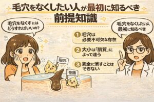 毛穴をなくしたい人が最初に知っておくべき前提知識を解説するイラスト。毛穴に悩む女性の疑問に対し、白衣を着た女性が「毛穴は必要不可欠な存在」「毛穴の大きさは肌質によって違う」「毛穴を完全に消すことはできない」という3つの基本知識を整理して説明している。毛穴断面図とともに、毛穴ケアの現実的な考え方をやさしく伝える構成。