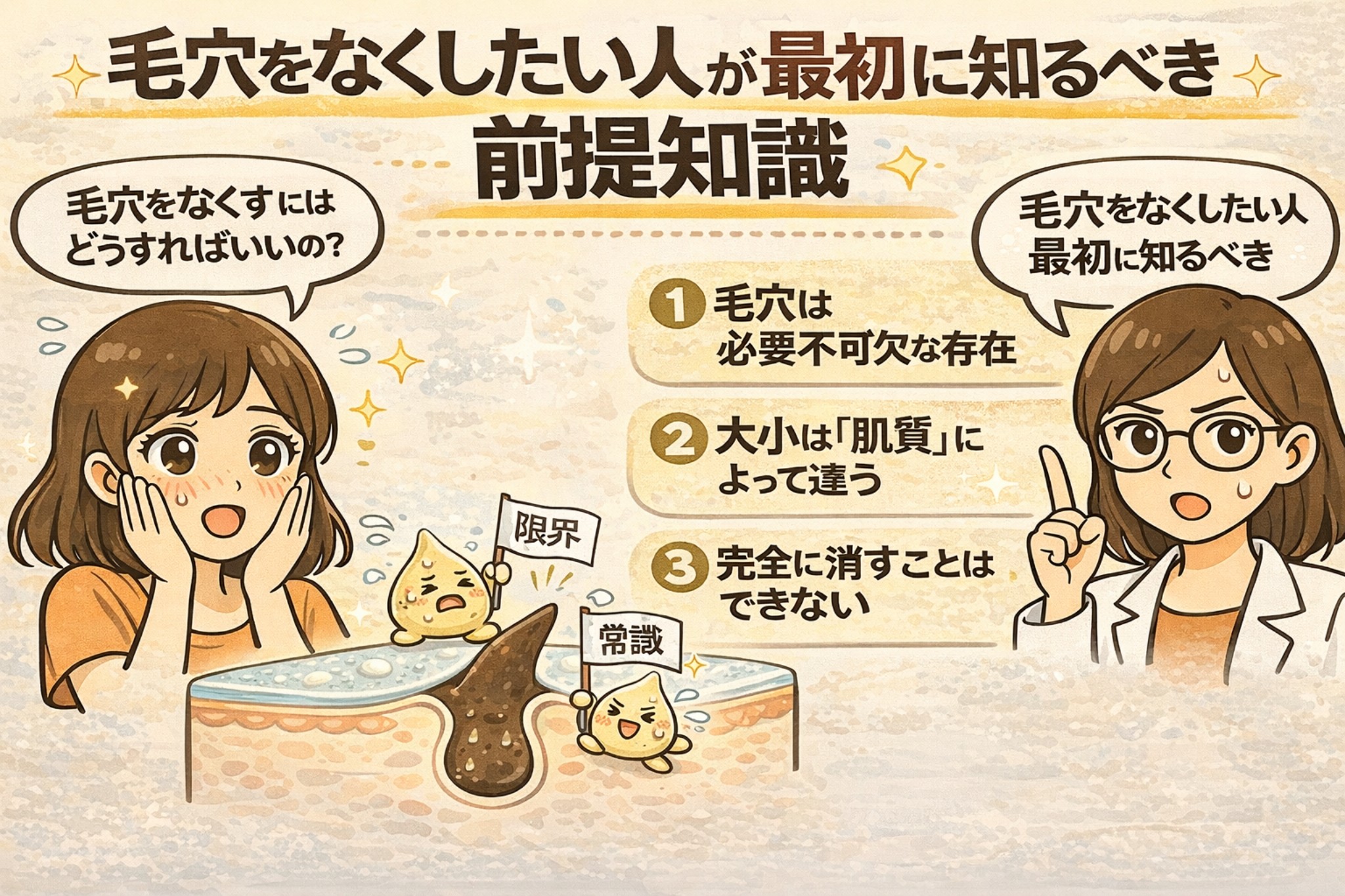 毛穴をなくしたい人が最初に知っておくべき前提知識を解説するイラスト。毛穴に悩む女性の疑問に対し、白衣を着た女性が「毛穴は必要不可欠な存在」「毛穴の大きさは肌質によって違う」「毛穴を完全に消すことはできない」という3つの基本知識を整理して説明している。毛穴断面図とともに、毛穴ケアの現実的な考え方をやさしく伝える構成。