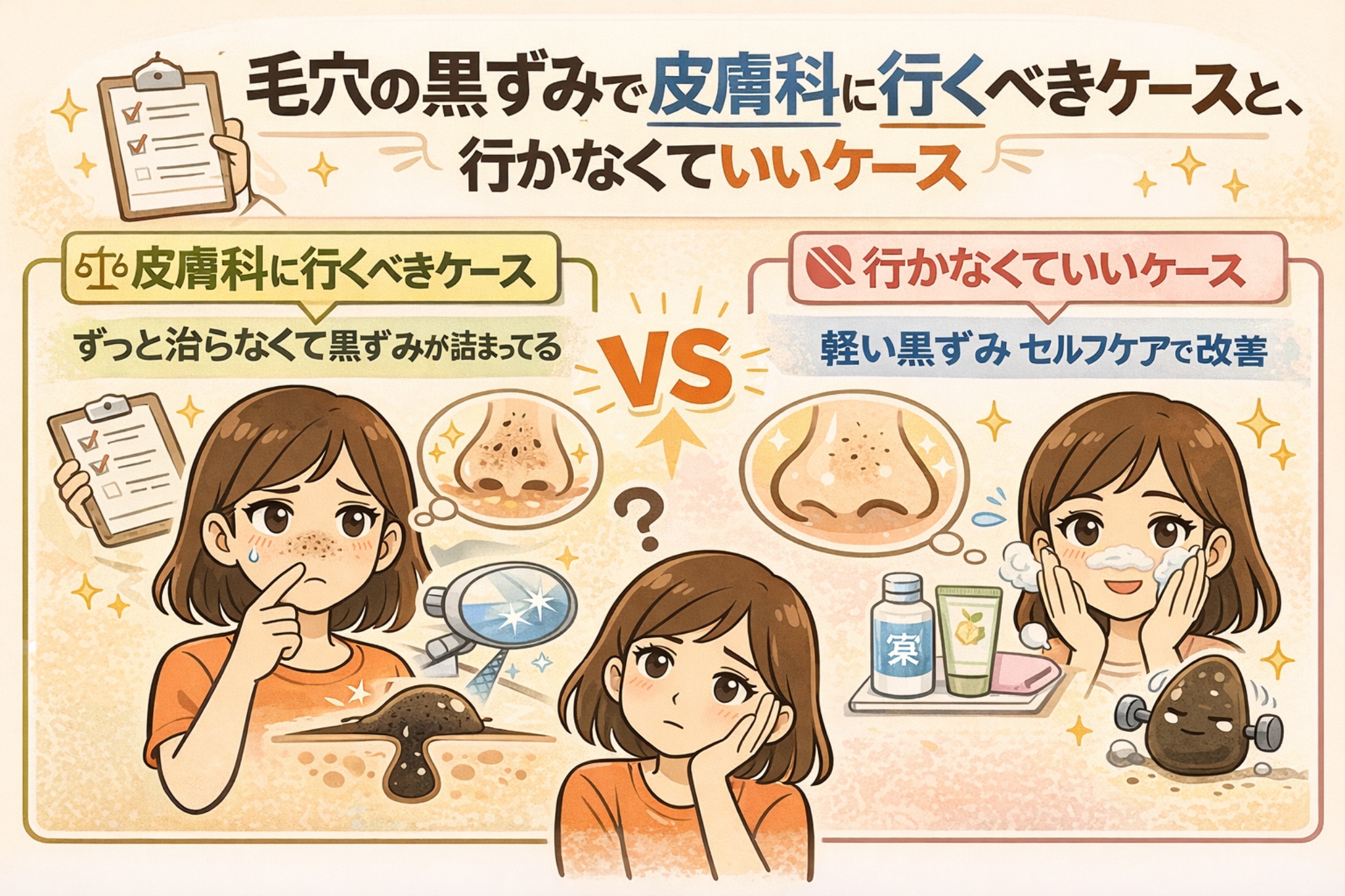 毛穴の黒ずみで皮膚科に行くべきケースと行かなくていいケースを比較した図解イラスト。左側は黒ずみが長期間改善せず皮膚科受診を検討する女性、右側は軽い黒ずみをセルフケアで改善している女性が描かれ、中央に「VS」が配置されている。皮膚科治療と自宅ケアの判断基準を分かりやすく示した解説ビジュアル。