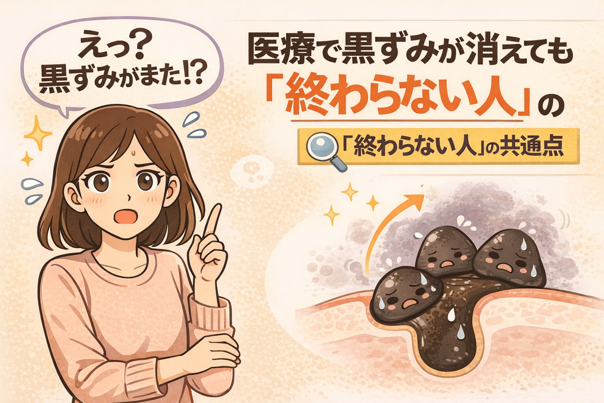 医療で毛穴の黒ずみが一度消えても、再び現れてしまう「終わらない人」の特徴を解説する図解イラスト。左側では黒ずみの再発に驚く女性、右側では複数の角栓が再形成される毛穴断面が描かれ、治療後も黒ずみが続く共通点を示している。毛穴構造と再発メカニズムを理解するための解説ビジュアル。