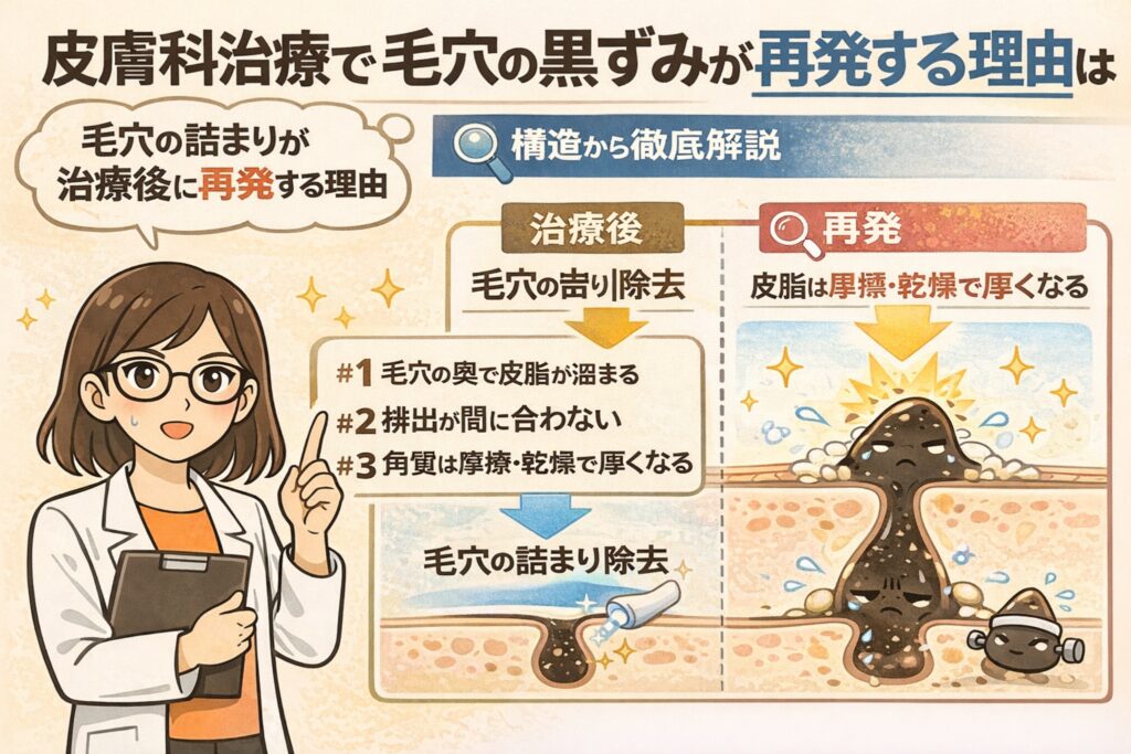 皮膚科治療後に毛穴の黒ずみが再発する理由を構造的に解説した図解イラスト。白衣の研究者が説明する横で、治療後に毛穴の詰まりを除去しても、皮脂の分泌や角質肥厚により再び詰まりが生じる流れを断面図で示している。毛穴の構造と再発メカニズムを理解するための解説ビジュアル。