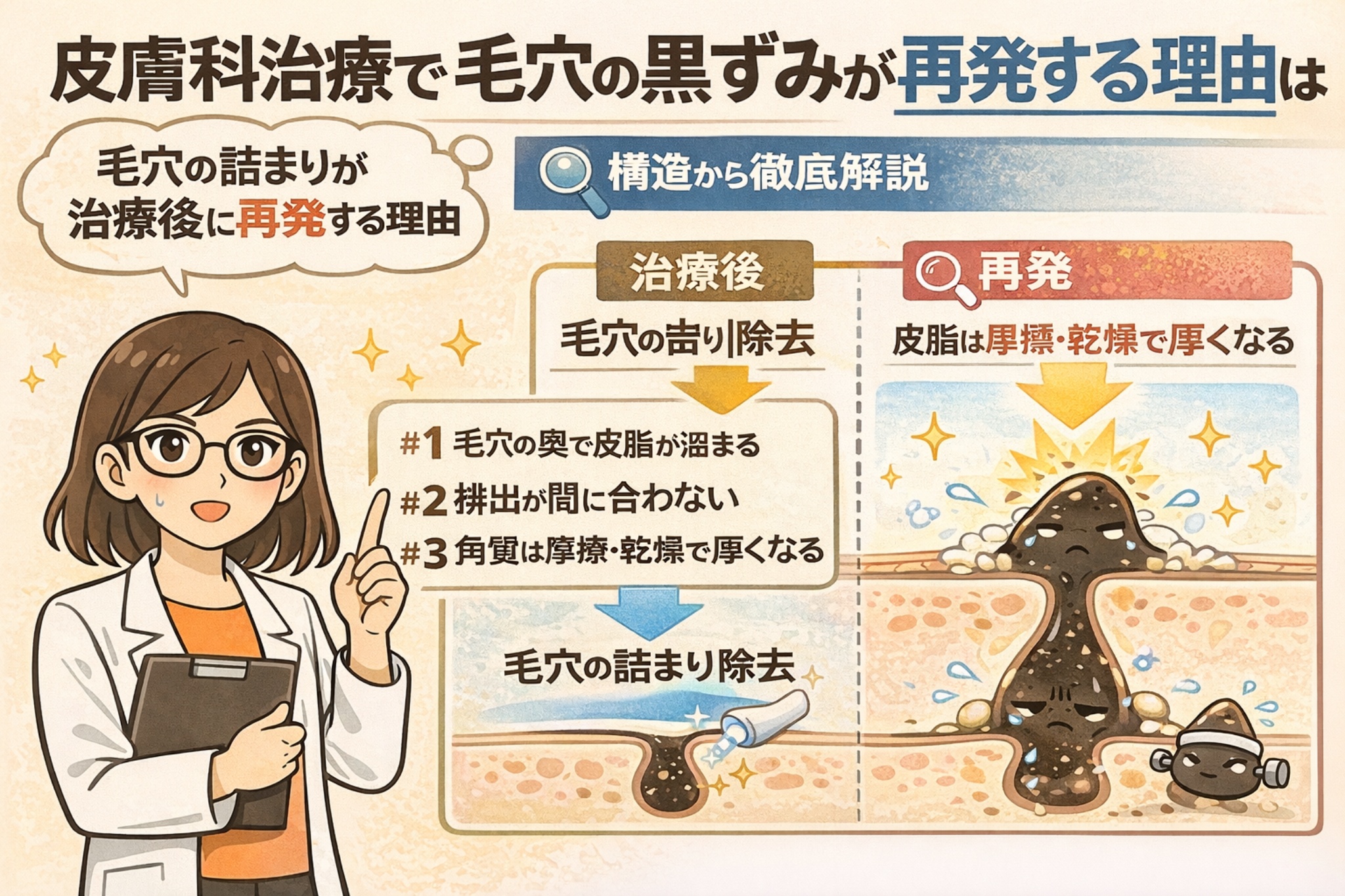 皮膚科治療後に毛穴の黒ずみが再発する理由を構造的に解説した図解イラスト。白衣の研究者が説明する横で、治療後に毛穴の詰まりを除去しても、皮脂の分泌や角質肥厚により再び詰まりが生じる流れを断面図で示している。毛穴の構造と再発メカニズムを理解するための解説ビジュアル。