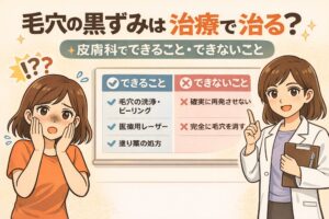 毛穴の黒ずみは治療で治るのかを解説する図解イラスト。左側で毛穴の黒ずみに悩む女性、右側で白衣を着た医師が説明しており、中央には「皮膚科でできること（洗浄・ピーリング・医療用レーザー・塗り薬）」と「できないこと（再発を完全に防ぐ・毛穴を完全に消す）」を対比した表が描かれている。