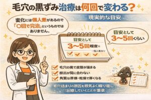 毛穴の黒ずみ治療は何回で改善するのかを解説する図解イラスト。白衣の研究者が説明し、「何回で完治」という明確な回数はなく個人差があること、現実的な目安は3〜5回程度であることが示されている。毛穴の奥に皮脂が溜まる、排出が追いつかない、角質が厚くなるといった構造的な理由も併せて説明したガイドビジュアル。