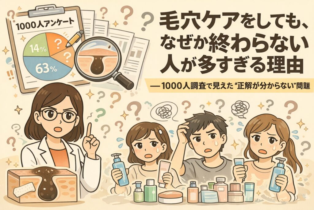 毛穴ケアをしても終わらないと感じる人が多い理由を、1000人アンケート結果をもとに解説するイラスト。調査データの円グラフや毛穴断面図とともに、スキンケアアイテムを前に悩む男女と白衣の女性解説者が、「正解が分からない」構造的な問題を分かりやすく示している。