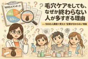 毛穴ケアをしても終わらないと感じる人が多い理由を、1000人アンケート結果をもとに解説するイラスト。調査データの円グラフや毛穴断面図とともに、スキンケアアイテムを前に悩む男女と白衣の女性解説者が、「正解が分からない」構造的な問題を分かりやすく示している。