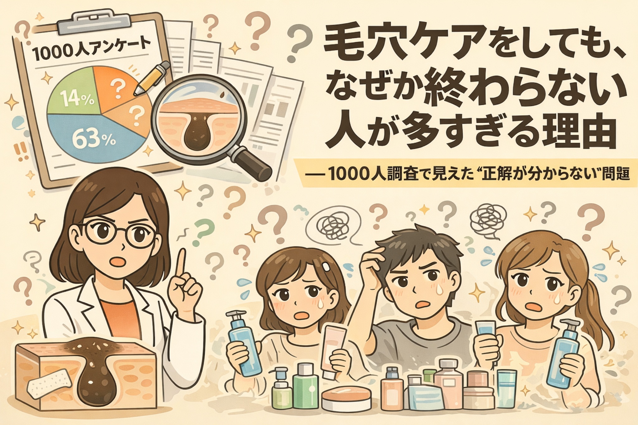 毛穴ケアをしても終わらないと感じる人が多い理由を、1000人アンケート結果をもとに解説するイラスト。調査データの円グラフや毛穴断面図とともに、スキンケアアイテムを前に悩む男女と白衣の女性解説者が、「正解が分からない」構造的な問題を分かりやすく示している。