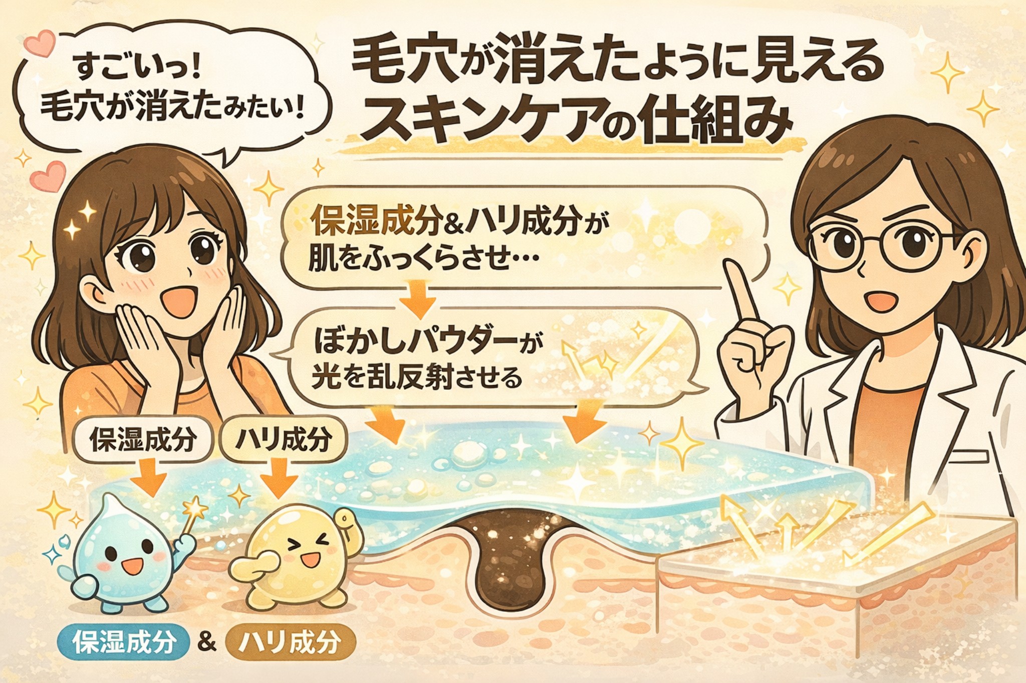 毛穴が消えたように見えるスキンケアの仕組みを解説するイラスト。保湿成分やハリ成分によって肌表面がふっくら整い、さらにぼかしパウダーが光を乱反射させることで毛穴が目立たなく見える仕組みを図解している。左側では「毛穴が消えたみたい！」と喜ぶ女性が描かれ、右側では白衣の女性がその視覚的効果のメカニズムを説明している。実際に毛穴がなくなるわけではなく、“見え方”が変わる理由を分かりやすく伝える構成。