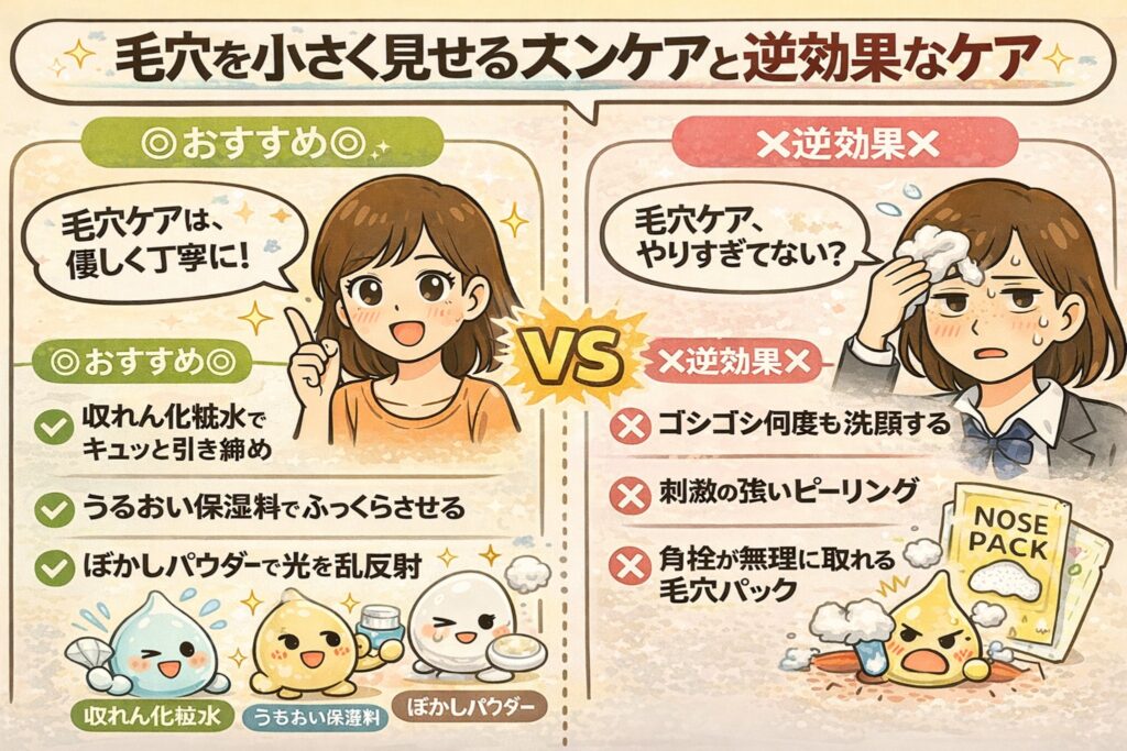 毛穴を小さく見せるスキンケアと、逆効果になりやすいケアを比較したイラスト。左側の「おすすめ」では、収れん化粧水で引き締め、うるおい保湿料でふっくらさせ、ぼかしパウダーで光を乱反射させる穏やかな毛穴ケアが示されている。右側の「逆効果」では、洗いすぎや強いピーリング、毛穴パックなど刺激の強いケアによって肌が疲れ、毛穴が悪化する様子が描かれている。毛穴ケアは優しく行うことが重要であると伝える構成。