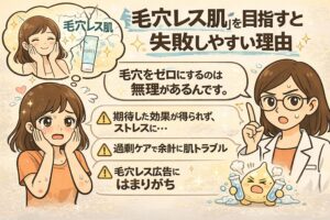 「毛穴レス肌」を目指すとスキンケアが失敗しやすい理由を解説するイラスト。左上には毛穴が完全になくなった理想像を思い描く女性、左下には期待通りの効果が得られず悩む女性が描かれている。右側では白衣を着た女性が「毛穴をゼロにするのは無理がある」と説明し、過剰なケアによる肌トラブルや毛穴レス広告に振り回されやすい点が注意喚起として示されている。毛穴ケアの現実的なゴール設定の重要性を伝える構成。