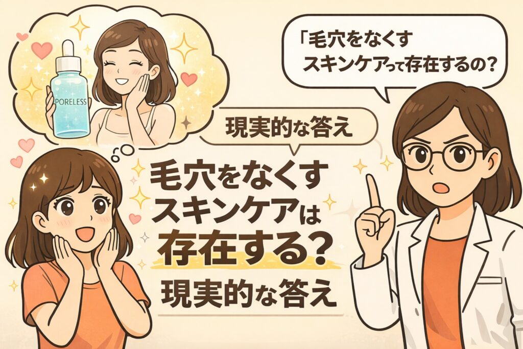 「毛穴をなくすスキンケアは存在するのか？」という疑問に対する現実的な答えを解説するイラスト。左上には“PORELESS”と書かれた化粧品で毛穴が消える理想像が描かれ、右側では白衣を着た女性が指を立てて現実的な説明をしている。中央と下部には、毛穴に悩む女性の表情とともに「毛穴をなくすスキンケアは存在する？現実的な答え」というメッセージが配置され、期待と現実のギャップを分かりやすく伝える構成になっている。