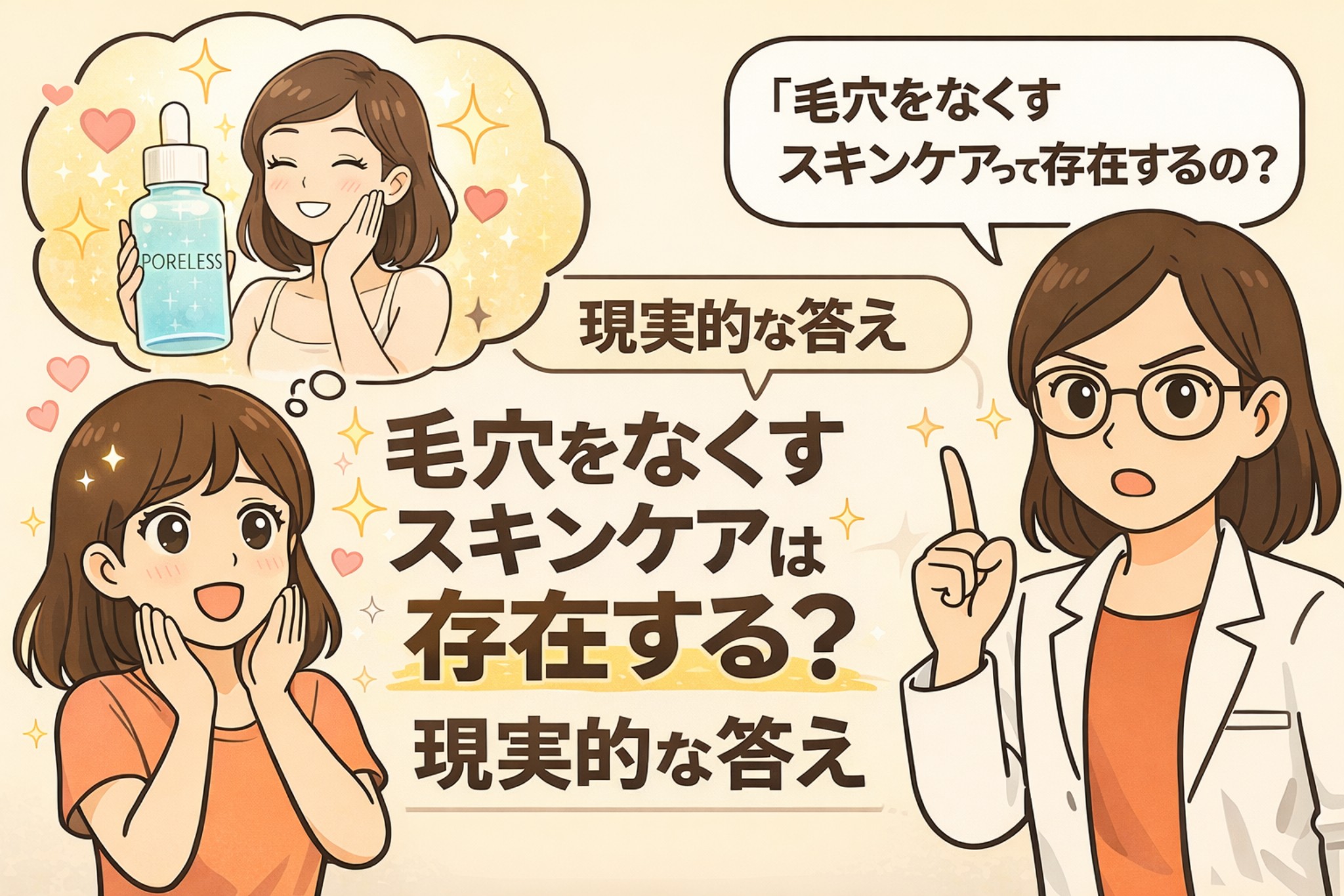 「毛穴をなくすスキンケアは存在するのか?」という疑問に対する現実的な答えを解説するイラスト。左上には“PORELESS”と書かれた化粧品で毛穴が消える理想像が描かれ、右側では白衣を着た女性が指を立てて現実的な説明をしている。中央と下部には、毛穴に悩む女性の表情とともに「毛穴をなくすスキンケアは存在する?現実的な答え」というメッセージが配置され、期待と現実のギャップを分かりやすく伝える構成になっている。