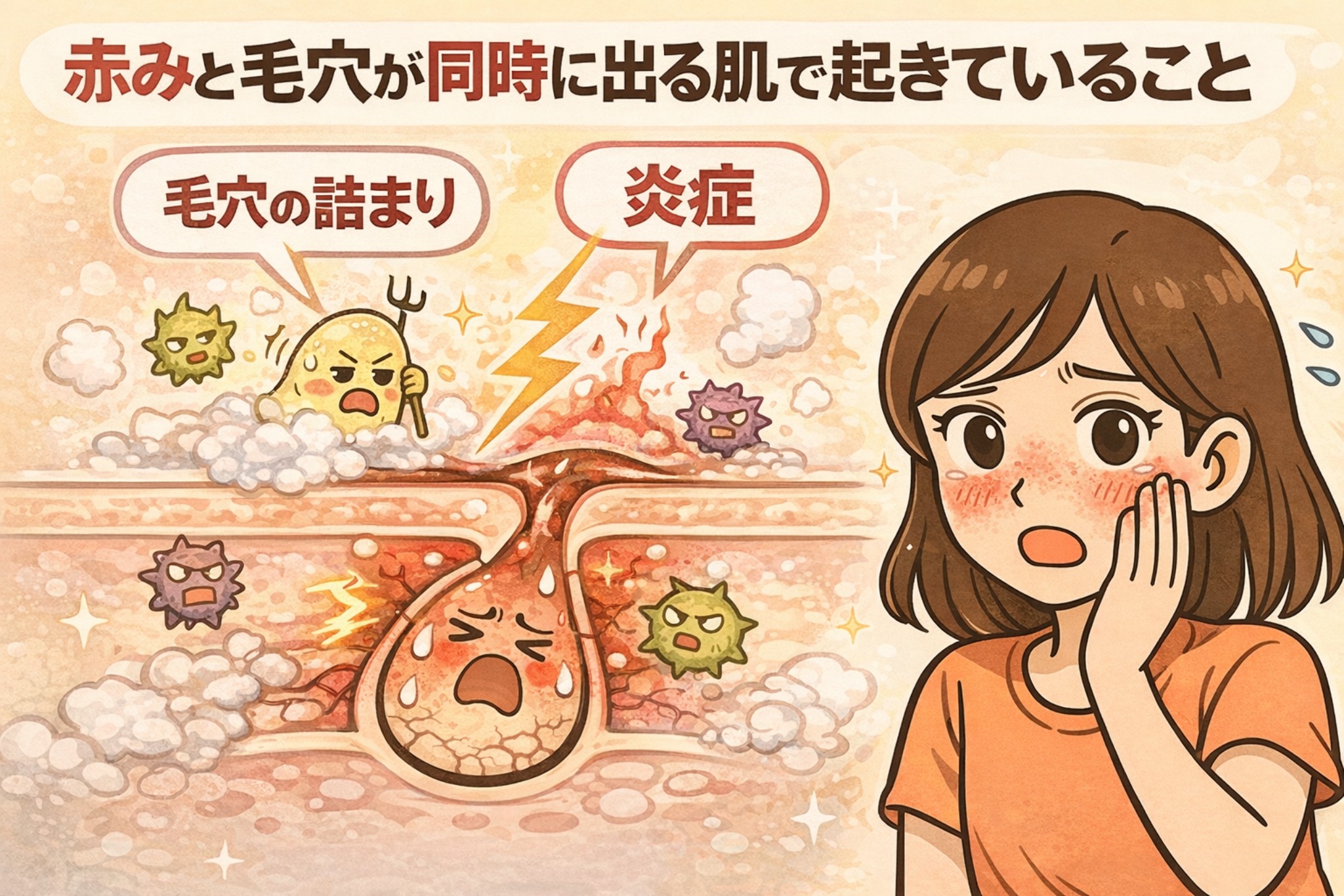 赤みと毛穴が同時に目立つ肌で起きている状態を解説するイラスト。毛穴の詰まりによって皮脂や汚れが溜まり、同時に炎症が起こって赤みが広がる様子を毛穴断面図で表現している。右側では頬の赤みを気にして手を当てる女性が描かれ、「毛穴の詰まり」と「炎症」が重なって赤み毛穴が悪化する仕組みを視覚的に伝えている。