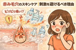 赤み毛穴のスキンケアで刺激を避けるべき理由を解説するイラスト。アルコール入りの化粧品や強い洗浄によって毛穴まわりの肌がピリピリと刺激を受け、赤く炎症を起こしている様子が描かれている。右側では、赤みが出て頬を押さえ不安そうな女性が描かれ、刺激の強いケアが赤み毛穴を悪化させることを視覚的に示している。赤み毛穴には低刺激なスキンケアが重要であると伝える構成。