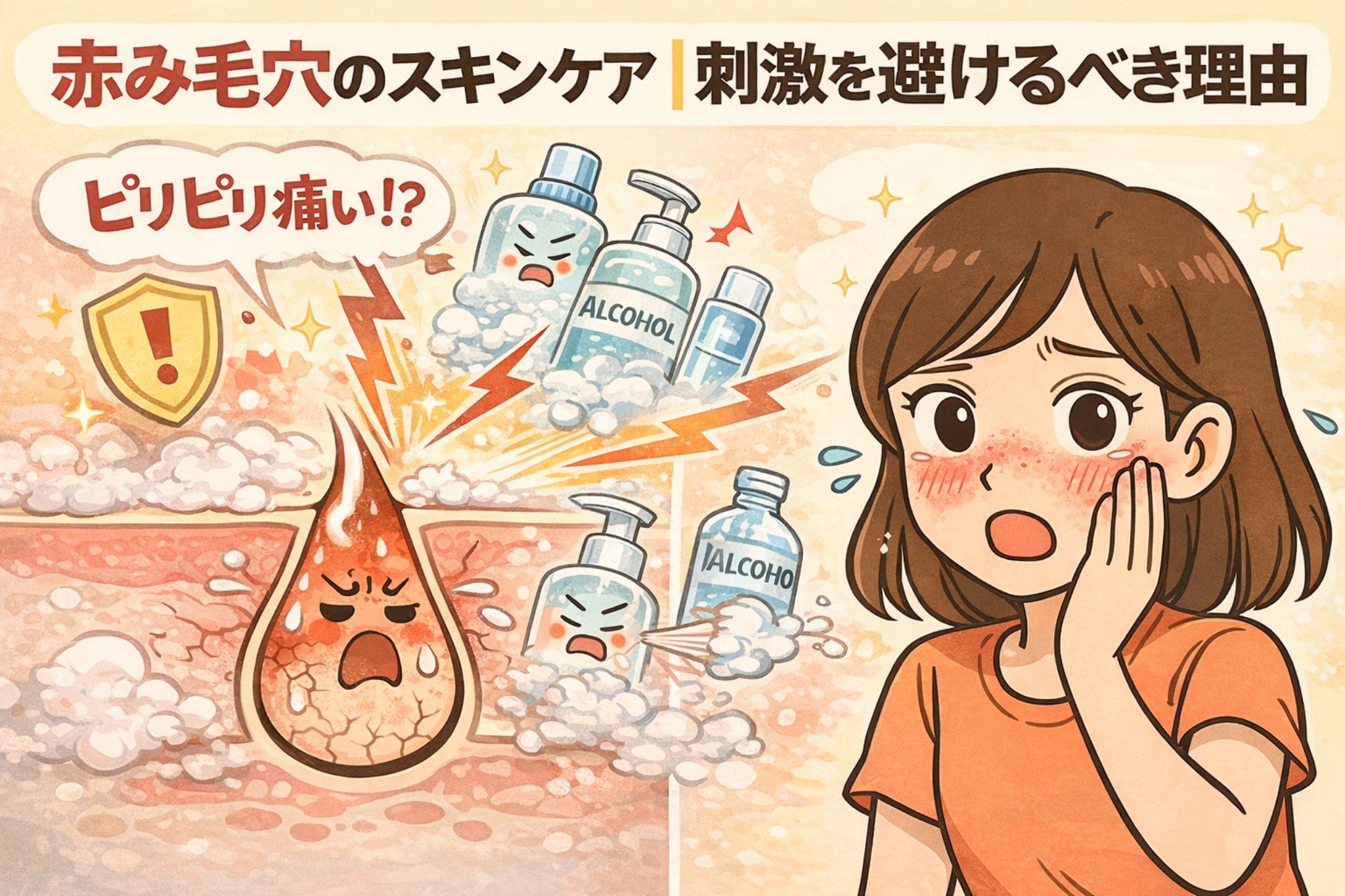 赤み毛穴のスキンケアで刺激を避けるべき理由を解説するイラスト。アルコール入りの化粧品や強い洗浄によって毛穴まわりの肌がピリピリと刺激を受け、赤く炎症を起こしている様子が描かれている。右側では、赤みが出て頬を押さえ不安そうな女性が描かれ、刺激の強いケアが赤み毛穴を悪化させることを視覚的に示している。赤み毛穴には低刺激なスキンケアが重要であると伝える構成。