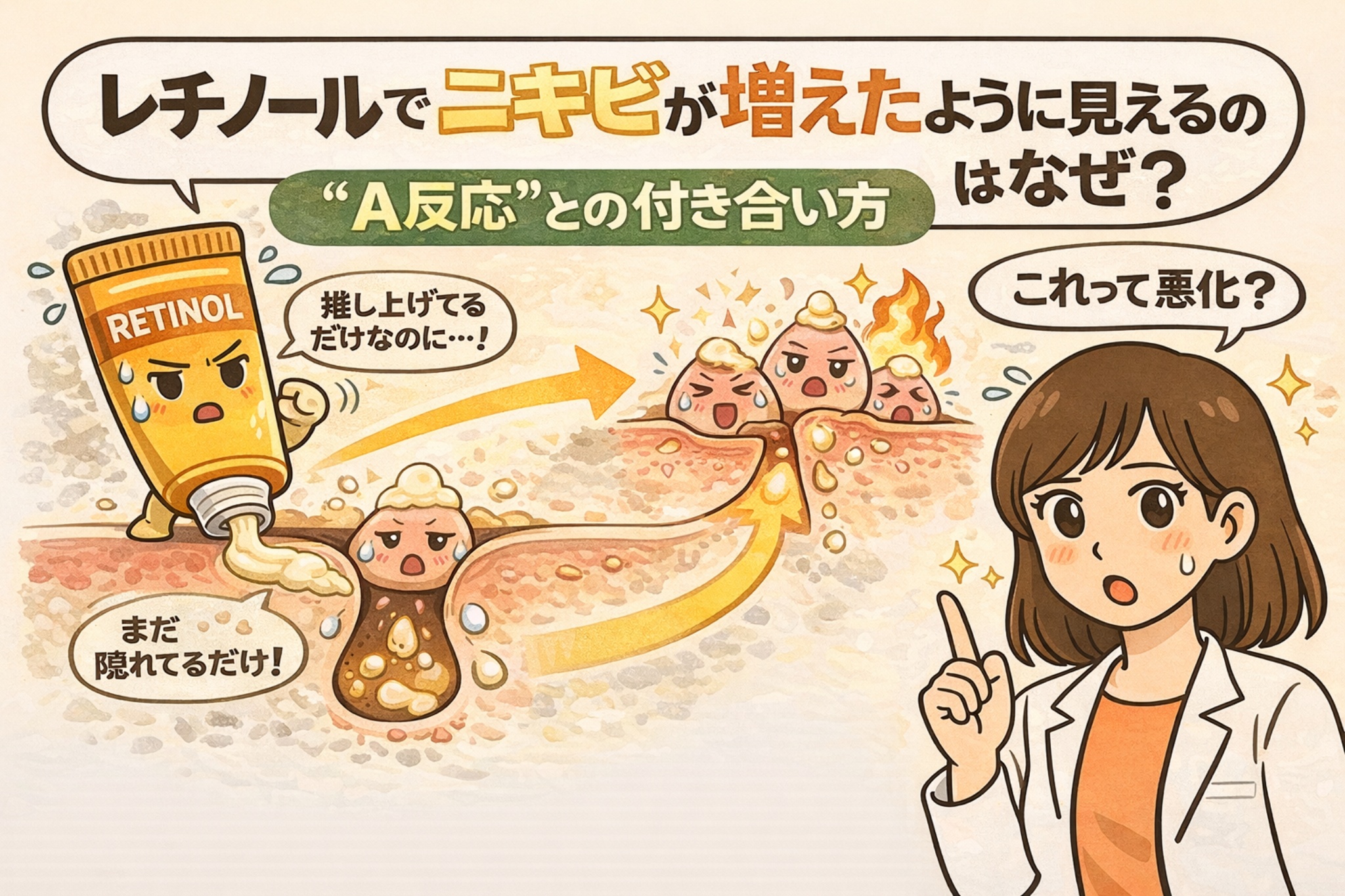 レチノール使用でニキビが増えたように見える理由を「A反応」の視点から解説するイラスト。左にレチノールのチューブキャラクターが角栓を押し上げる様子が描かれ、毛穴の奥に隠れていたニキビのもとが表面に出てくる過程が矢印で示されている。右側では白衣を着た女性が「これは悪化？」と疑問を投げかけ、A反応の仕組みと向き合い方を説明する構図。