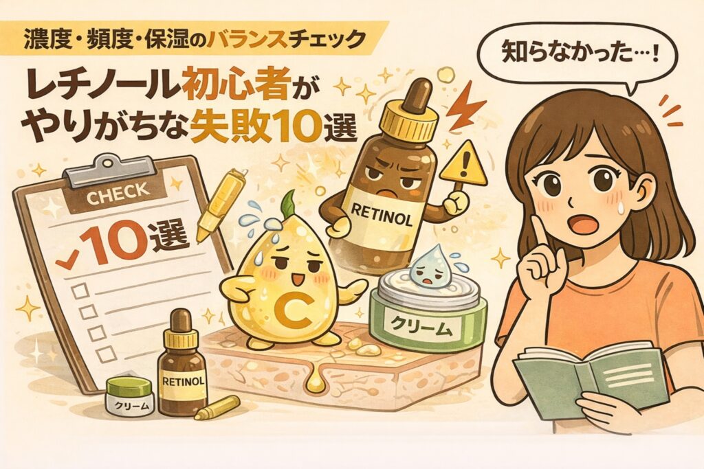 レチノール初心者がやりがちな失敗を解説するイラスト。中央に「レチノール初心者がやりがちな失敗10選」という見出しがあり、濃度・使用頻度・保湿バランスのチェックをテーマに、レチノールのボトル、ビタミンCのキャラクター、保湿クリームが並んで描かれている。左にはチェックリスト、右には本を持って「知らなかった…！」と気づく女性が描かれ、初心者向け注意点を視覚的に示している。