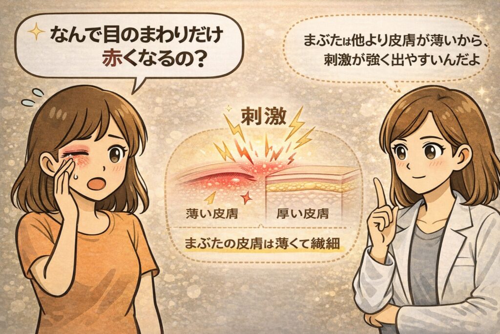 レチノール使用後に目元だけ赤くなってしまう理由を解説するイラスト。目のまわりの赤みを気にする女性と、白衣で眼鏡の女性が指差ししながら説明する構図。中央には「薄い皮膚」と「厚い皮膚」の断面図が描かれ、まぶたは皮膚が薄く刺激を受けやすいため、レチノールの影響が強く出やすいことを示している。
