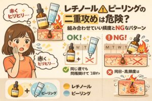 「レチノール＋ピーリングの二重攻めは危険？」という見出しとともに、OKな頻度とNGな使い方を比較した図解イラスト。週の中で間隔を空けて1回ずつ使う場合は問題ないが、同日に重ねたり高頻度で併用すると赤みやヒリヒリなどの刺激が強く出やすいことが示されている。