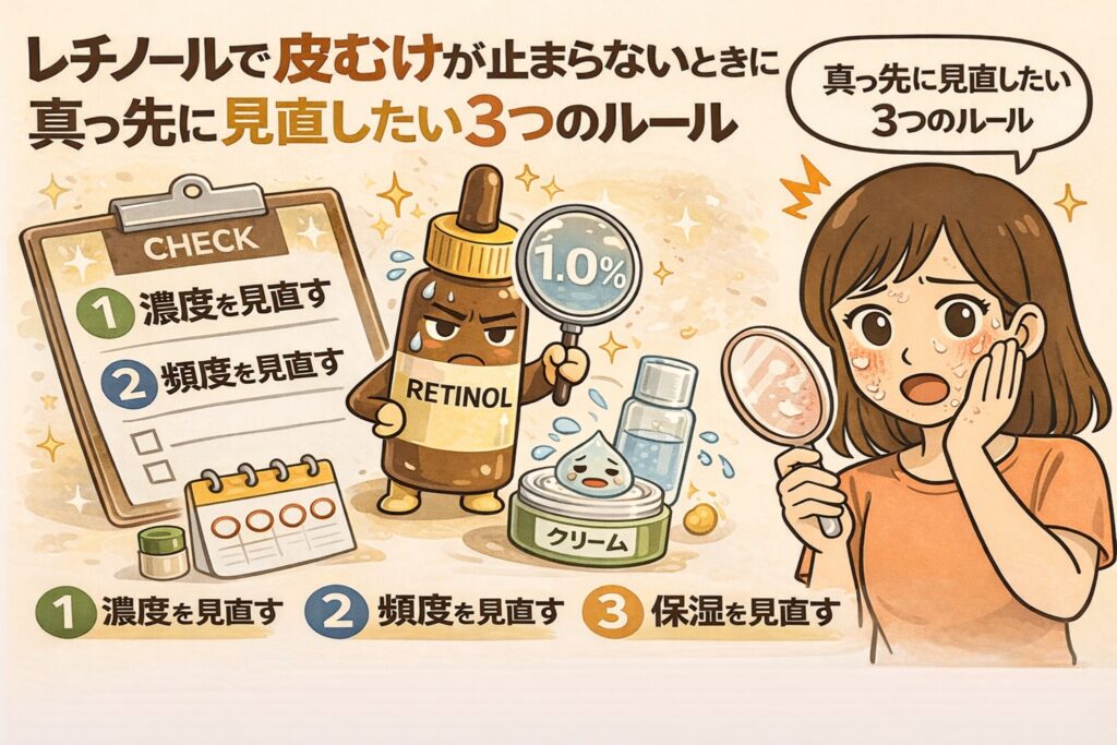 レチノール使用で皮むけが止まらないときに見直したい3つのルールを解説するイラスト。左にチェックリストで「濃度を見直す」「頻度を見直す」「保湿を見直す」の3項目が示され、中央には濃度1.0％を示すレチノールボトルと保湿クリームが描かれている。右側では鏡を見て頬の皮むけに悩む女性が「真っ先に見直したい3つのルール」と考えている構図。