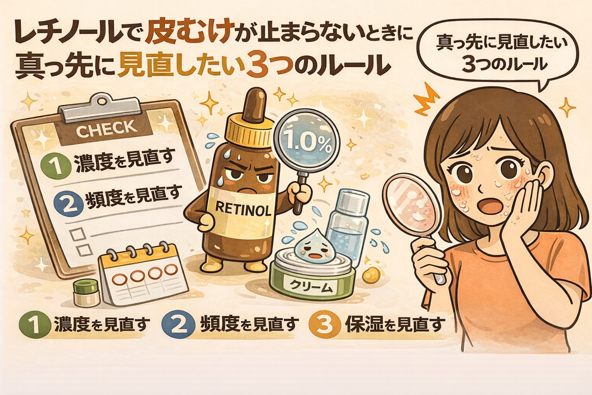 レチノール使用で皮むけが止まらないときに見直したい3つのルールを解説するイラスト。左にチェックリストで「濃度を見直す」「頻度を見直す」「保湿を見直す」の3項目が示され、中央には濃度1.0％を示すレチノールボトルと保湿クリームが描かれている。右側では鏡を見て頬の皮むけに悩む女性が「真っ先に見直したい3つのルール」と考えている構図。