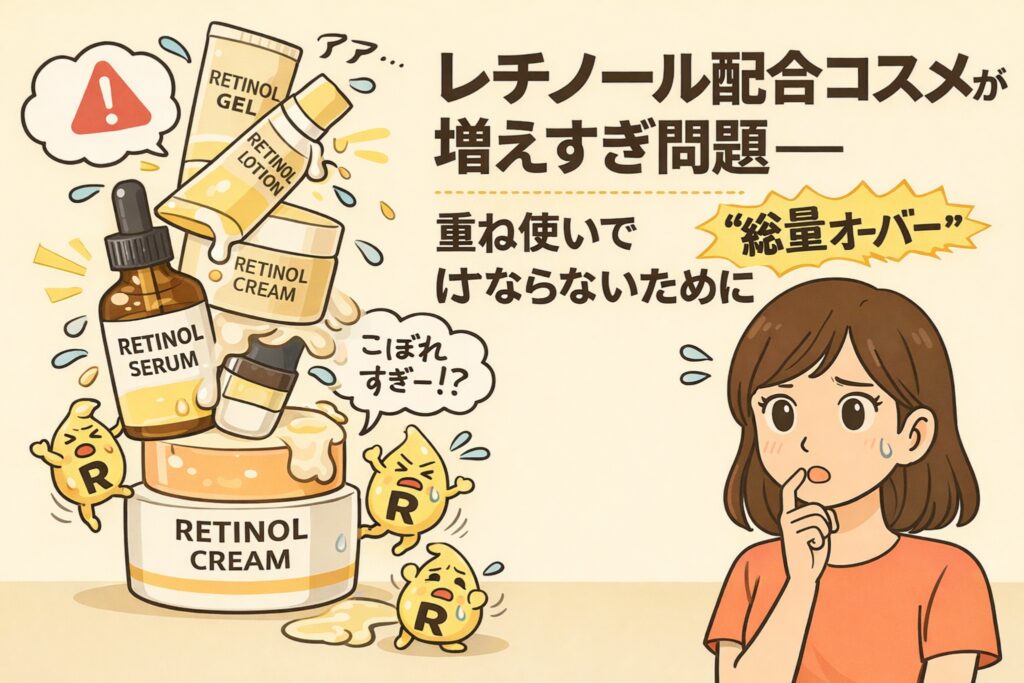 「レチノール配合コスメが増えすぎ問題」という見出しとともに、レチノール美容液・ジェル・ローション・クリームを重ね使いして“総量オーバー”になっている様子を描いたイラスト。複数のレチノール製品を同時に使うことで刺激過多になりやすく、赤みやヒリつきにつながる可能性があることを示し、使いすぎに注意する必要性を表現している。