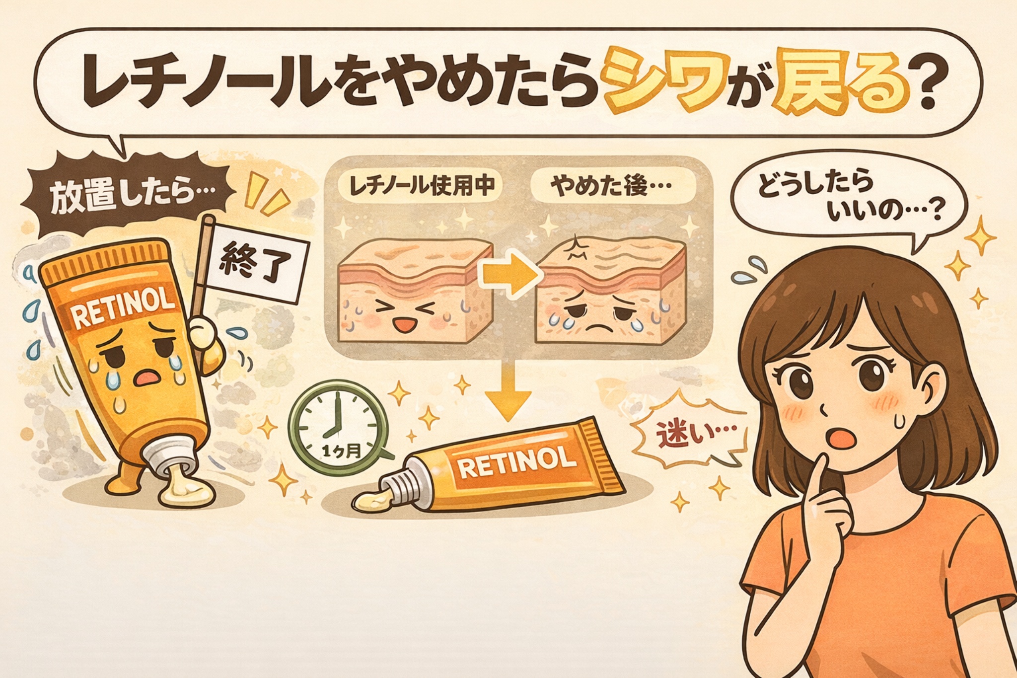 レチノールをやめるとシワが戻るのかを解説するイラスト。左にレチノールチューブのキャラクターと「放置したら終了」の文字、中央に「レチノール使用中」と「やめた後」の肌断面比較が描かれ、右側では悩む女性が「どうしたらいいの?」と考えている。レチノール中断後の肌変化と対処をテーマにした図解。