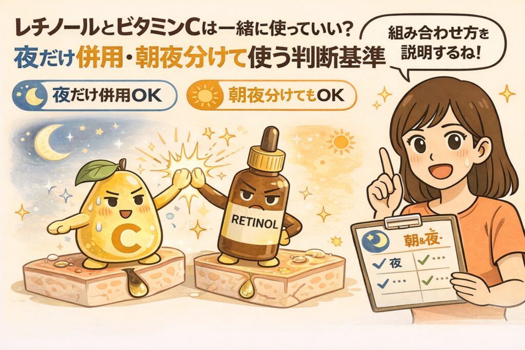 レチノールとビタミンCを一緒に使ってよいかを解説するイラスト。左に夜の月マークと「夜だけ併用OK」、右に太陽マークと「朝夜分けてもOK」の表示があり、中央ではビタミンCとレチノールのキャラクターが協力する様子が描かれている。右側ではチェック表を持った女性が、併用・朝夜使い分けの判断基準を説明している構図。