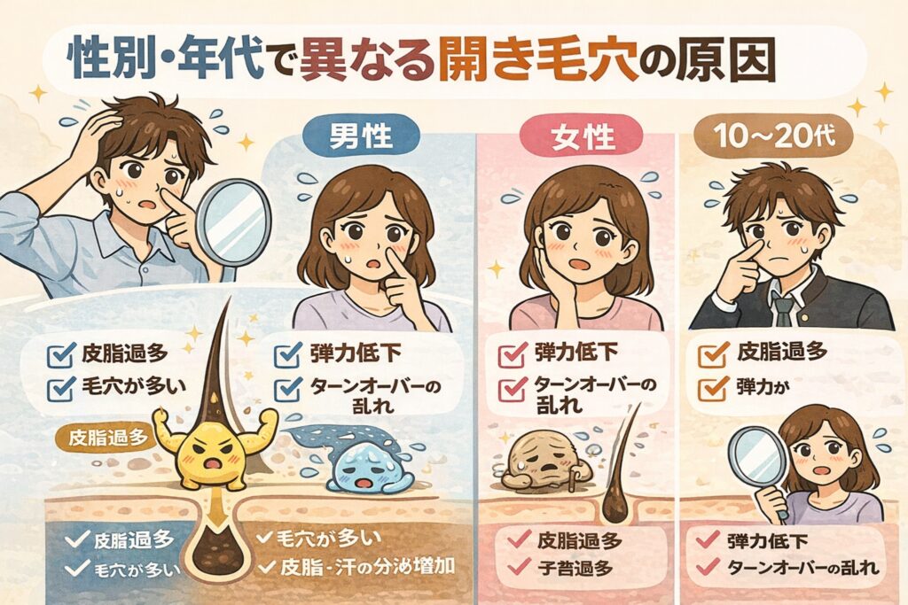 性別や年代によって異なる開き毛穴の原因を比較解説したイラスト。男性・女性・10〜20代といった区分ごとに、皮脂過多、毛穴の数、弾力低下、ターンオーバーの乱れなどの要因がチェックリスト形式で整理されている。各パネルには毛穴断面図と擬人化キャラクターが描かれ、性別や年齢によって毛穴が開きやすくなる理由が異なることを視覚的にわかりやすく伝えている。