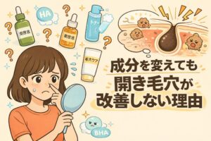 スキンケア成分を変えても開き毛穴が改善しない理由を解説するイラスト。美容液や化粧水、毛穴ケア製品などを試して迷う女性と、毛穴断面図の中で角栓や炎症が残っている様子が描かれている。HAやBHAなどの成分アイコンが配置され、成分選びだけでは毛穴構造そのものは変わらないことを示し、開き毛穴が改善しにくい根本理由を視覚的に伝えている。