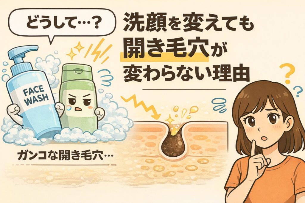 洗顔料を変えても開き毛穴が改善しない理由を解説するイラスト。洗顔フォームのボトルを使っても変化しない毛穴断面と、「どうして?」と疑問を持つ女性が描かれている。泡立てた洗顔によって表面の汚れは落ちても、毛穴内部の構造や詰まりは変わらないことが示され、ガンコな開き毛穴は洗顔だけでは改善しにくいというポイントを視覚的に伝えている。