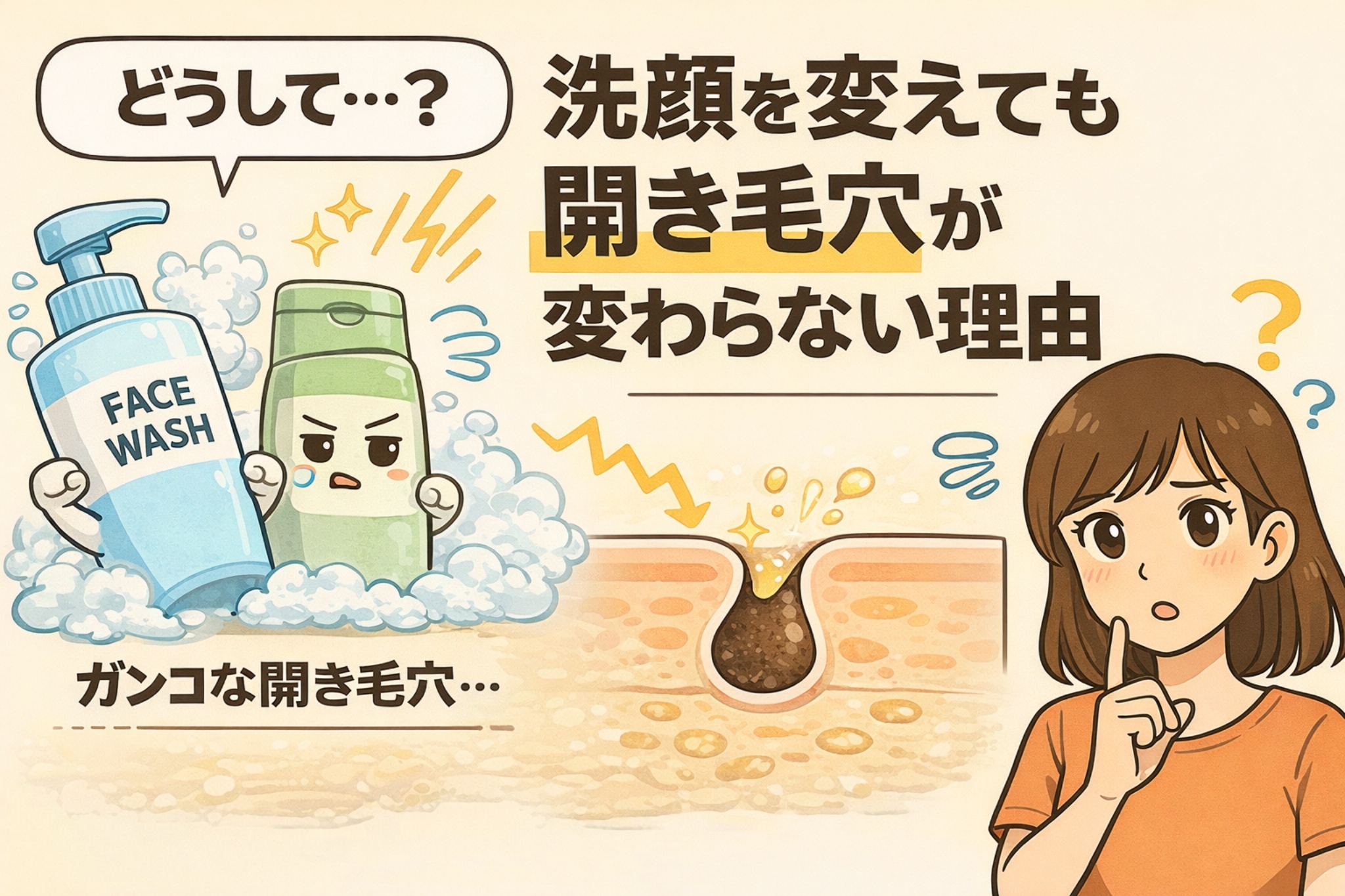 洗顔料を変えても開き毛穴が改善しない理由を解説するイラスト。洗顔フォームのボトルを使っても変化しない毛穴断面と、「どうして？」と疑問を持つ女性が描かれている。泡立てた洗顔によって表面の汚れは落ちても、毛穴内部の構造や詰まりは変わらないことが示され、ガンコな開き毛穴は洗顔だけでは改善しにくいというポイントを視覚的に伝えている。