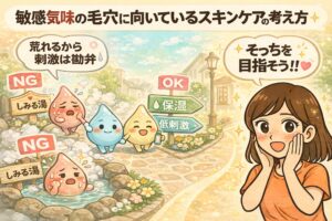 敏感気味の毛穴に向いているスキンケアの考え方を解説するイラスト。左側では刺激の強いケアを「荒れるから効くは勘弁」としてNG例で示し、しみる化粧品に悩む様子が描かれている。中央では「保湿」「低刺激」と書かれた道標に向かって進むキャラクターが配置され、正しいケアの方向性を表現。右側では、穏やかなケアを選ぶことで肌状態が落ち着き、前向きな表情の女性が描かれている。敏感な毛穴には低刺激・保湿重視のスキンケアが適していることを視覚的に伝える構成。