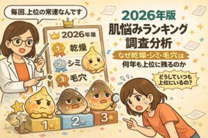 2026年版の肌悩みランキング調査を解説するイラスト。白衣の研究者がランキングボードを指し示し、1位「乾燥」、2位「シミ」、3位「毛穴」が表彰台に並ぶ。乾燥・シミ・毛穴を擬人化したキャラクターと、悩みを抱える女性が描かれ、「なぜ毎年上位に残るのか」をテーマにした調査分析ビジュアル。
