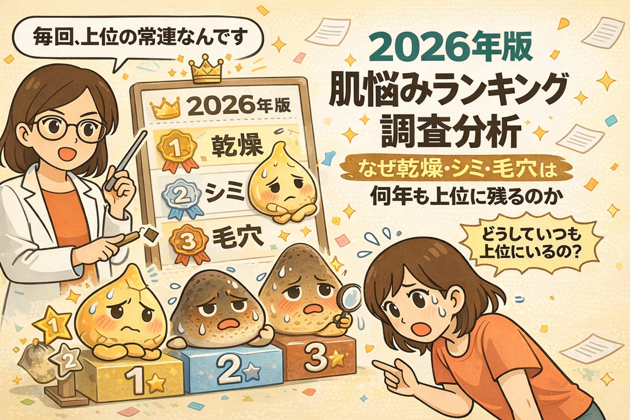 2026年版の肌悩みランキング調査を解説するイラスト。白衣の研究者がランキングボードを指し示し、1位「乾燥」、2位「シミ」、3位「毛穴」が表彰台に並ぶ。乾燥・シミ・毛穴を擬人化したキャラクターと、悩みを抱える女性が描かれ、「なぜ毎年上位に残るのか」をテーマにした調査分析ビジュアル。