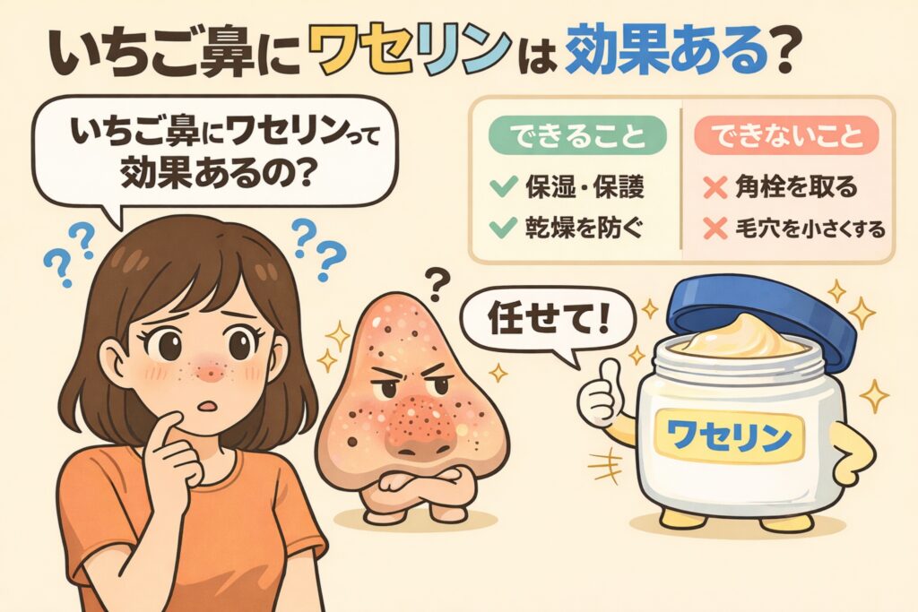 いちご鼻にワセリンは効果があるのかを解説する図解イラスト。黒ずみ毛穴に悩む女性と、擬人化された鼻・ワセリンのキャラクターが描かれ、「できること（保湿・保護、乾燥防止）」と「できないこと（角栓を取る、毛穴を小さくする）」を対比して説明している。